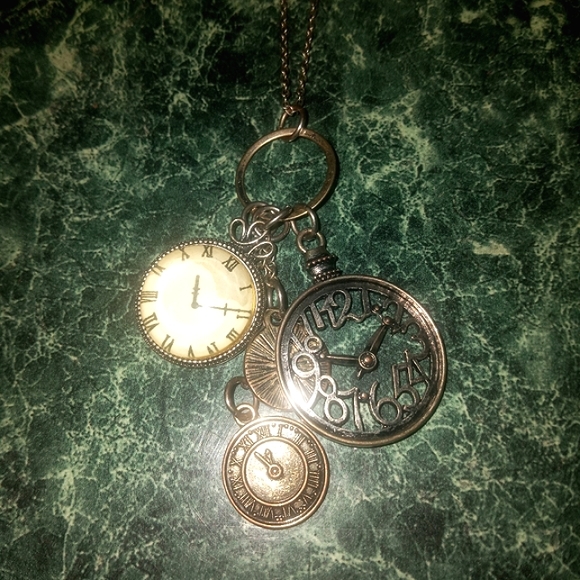 Long Clock Time Charms Pewter Colored Steampunk Boho Necklace - Picture 3 of 7
